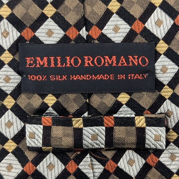 Vintage Emilio Romano Mens Tie Silk Geometric Metallic Black Silver Copper Gold - Picture 4 of 8